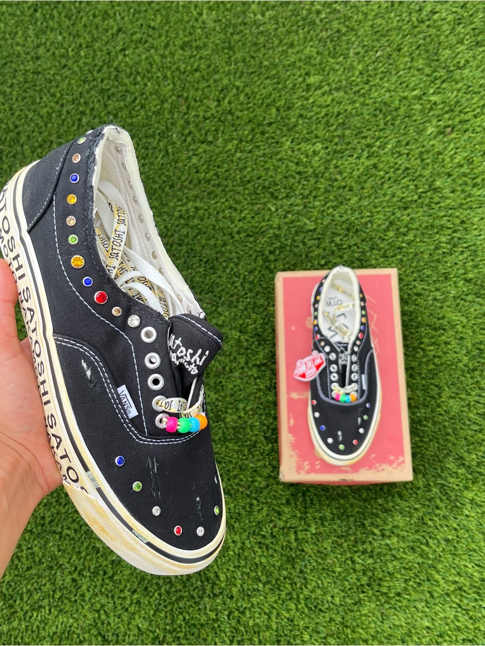 Satoshi x Vans Men’s Black Canvas Sneakers with Multicolor Studs
